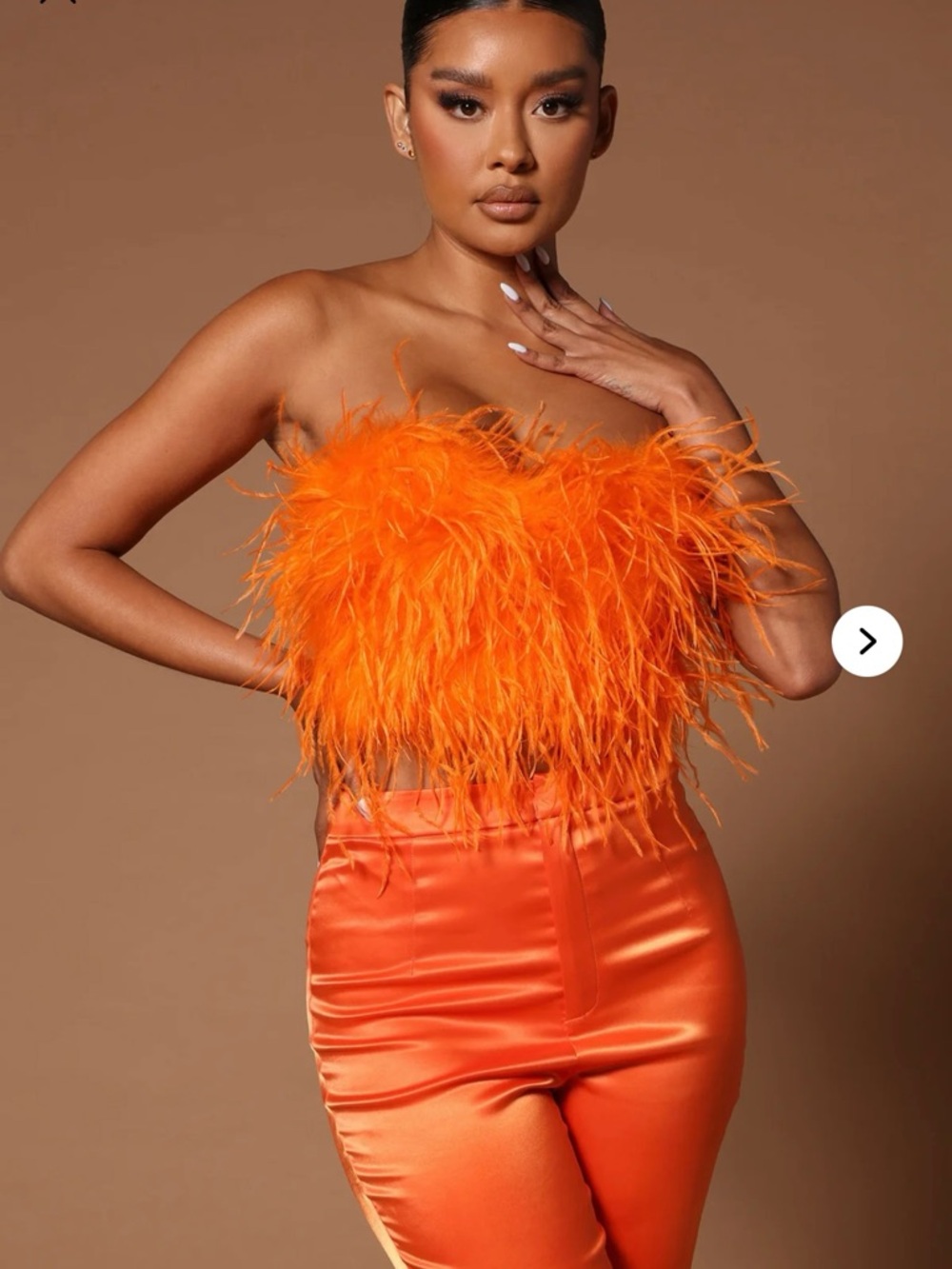 Orange Feathered Strapless Crop Top